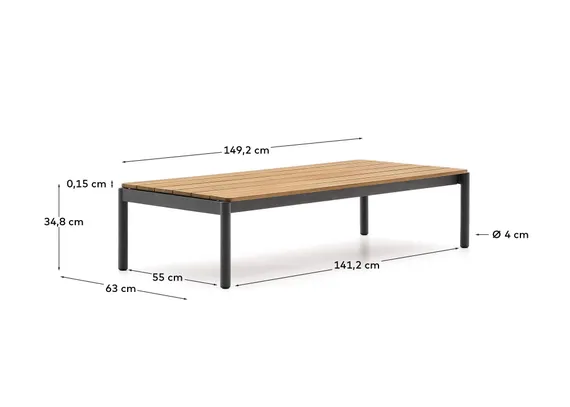 Журнальный столик Sorells, 145x63х35 см, массив тика, серый алюминий