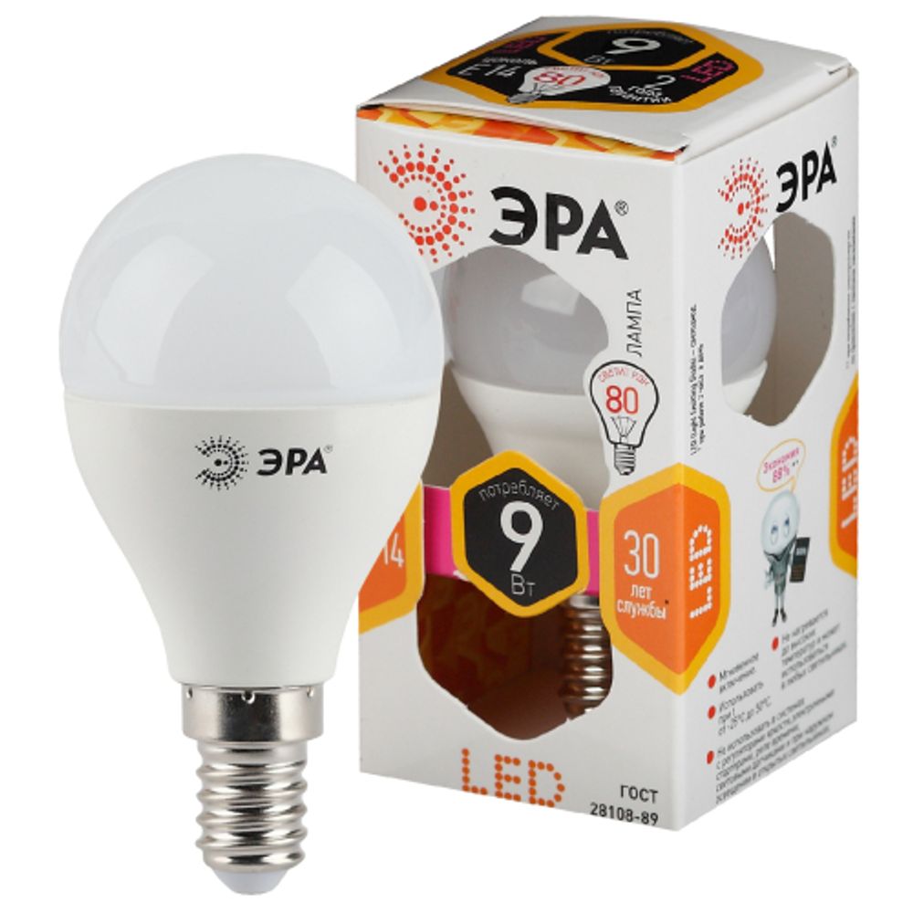 Лампа светодиодная ЭРА STD LED P45-9W-827-E14 9Вт шар теплый белый свет Е14 | Лампы cветодиодные Шар (G/P)
