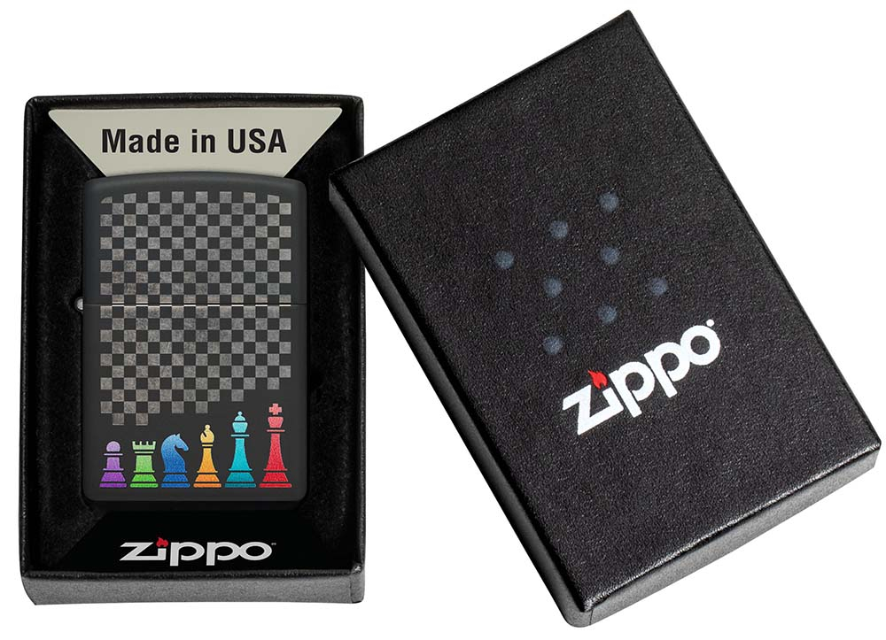 Зажигалка Zippo Chess Pieces с покрытием Black Matte, латунь/сталь, черная 38x13x57 мм