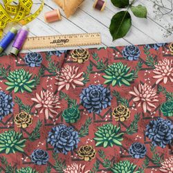 Ткань ниагара приглушённые георгины на коралловом фоне