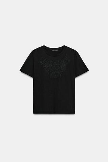 ZARA ХЛОПКОВАЯ ФУТБОЛКА С ВЫШИВКОЙ, ЧЕРНЫЙ