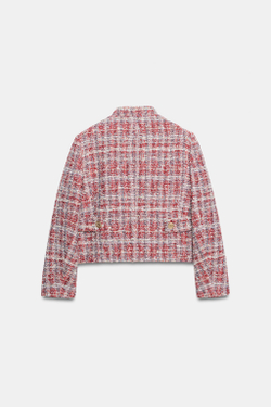 ZARA КОРОТКИЙ БЛЕЙЗЕР ИЗ РЕЛЬЕФНОЙ ТКАНИ, ЭКРЮ/КРАСНЫЙ