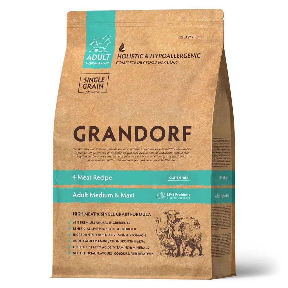 Сухой корм Grandorf DOG 4 Meat PROBIOTIC MED&MAXI для взрослых собак средних и крупных пород, 4 мяса с пробиотиками