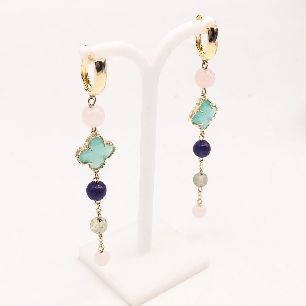 Серьги из аметиста, розового кварца и пренита