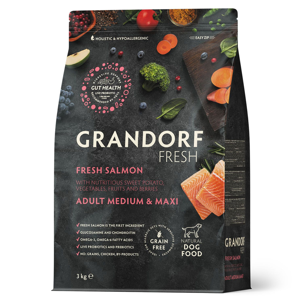 Сухой беззерновой корм GRANDORF Fresh Adult MEDIUM & MAXI для собак средних и крупных пород, лосось с бататом 3 кг