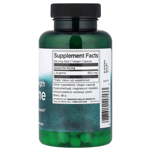 Swanson Vitamins, L-аргинин, максимальная сила действия, 850 мг, 90 веганских капсул