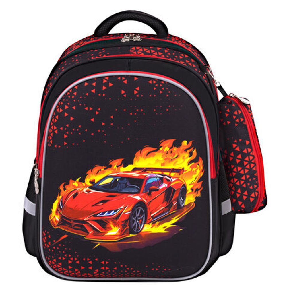 Рюкзак BRAUBERG KIDS MIND с пеналом в комплекте, 2 отделения, "Fiery Road", 40х28х18 см, 273177