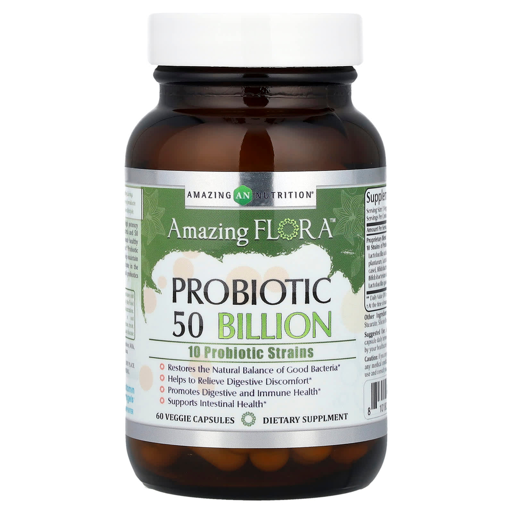 Amazing Nutrition, Amazing Flora ™, пробиотик, 50 миллиардов, 60 растительных капсул