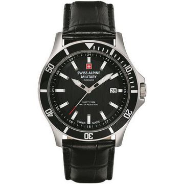 С ремешком Мужские наручные часы с черным кожаным ремешком  Swiss Alpine Military 7022.1537 mens 42mm 10ATM