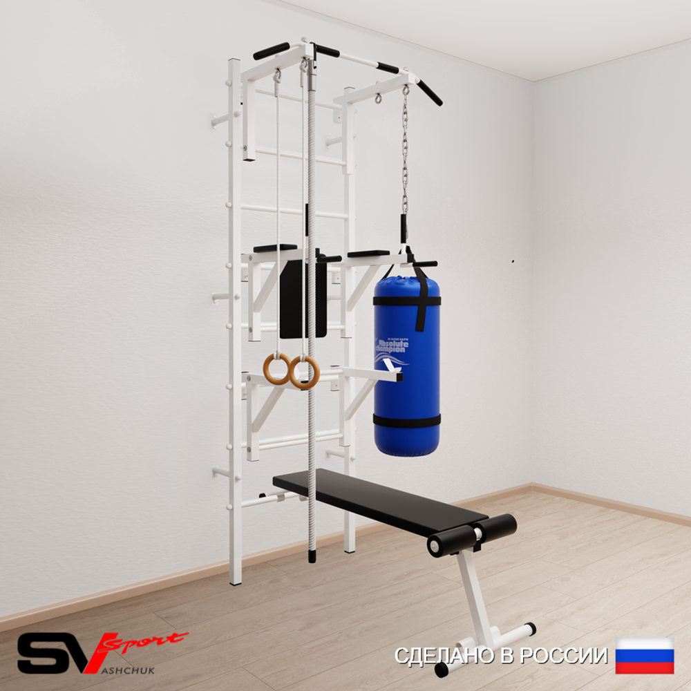 Шведская стенка Sv Sport усиленная 6943 (Турник стандарт/Брусья/Стойка/Скамья/Канат/Кольца/Цепь/Мешок 30кг)