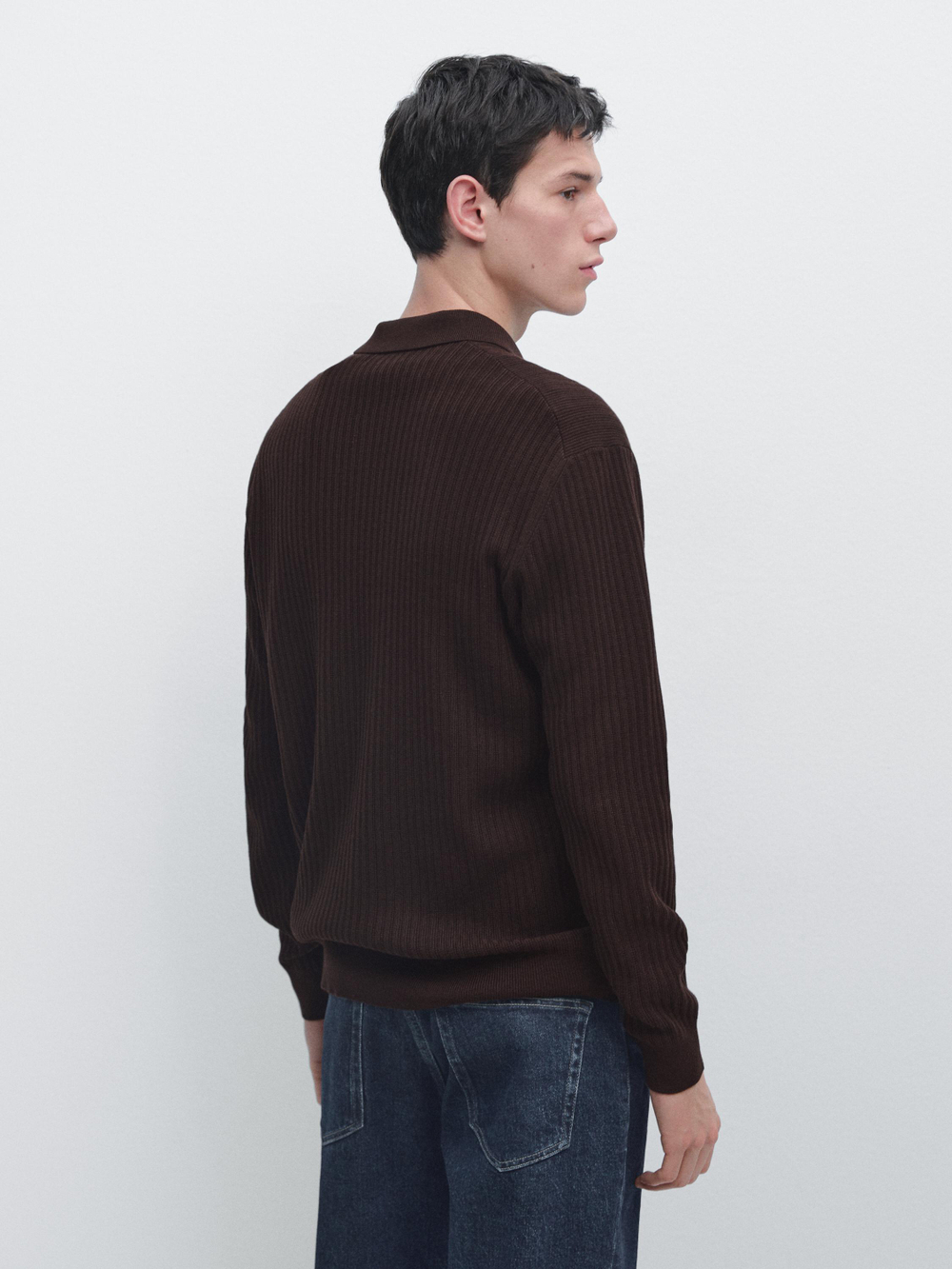 Massimo Dutti Трикотажный свитер из смесового хлопка с воротником-поло, бордо