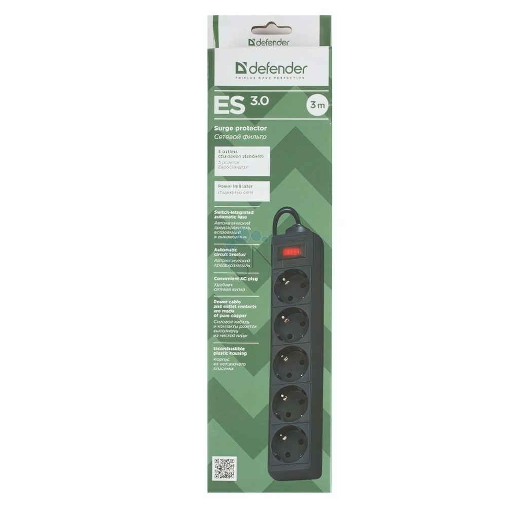 Фильтр сетевой Defender ES, 3,0 м Black (5 розеток)