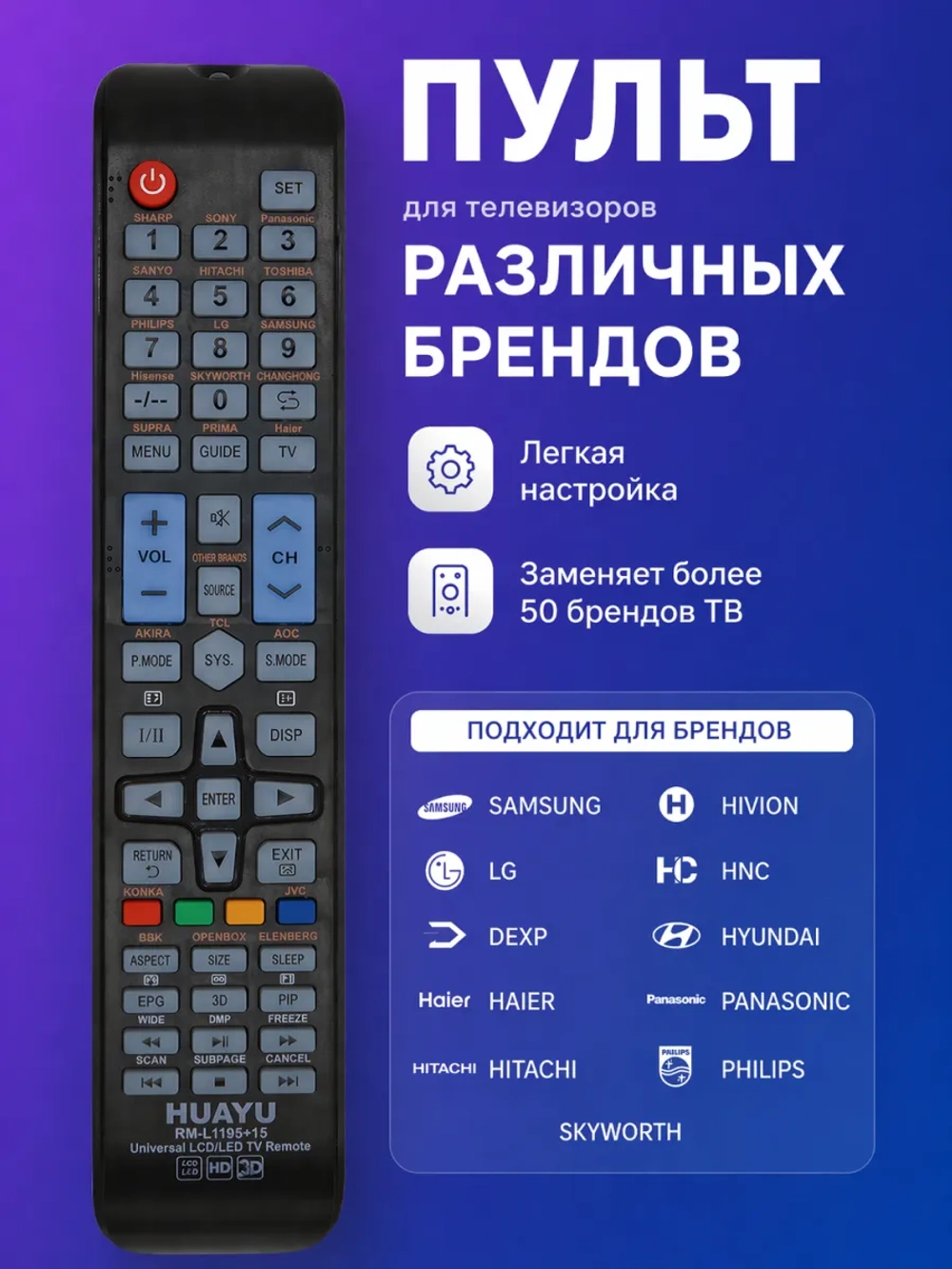 Пульт ДУ для телевизора Huayu, Различные Бренды RM-L1195+15 black ver.2024 универсальный для LCD ТВ корпус AA59-00581A PDUHRM2579