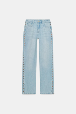 ZARA ДЖИНСЫ Z1975 STRAIGHT СО СРЕДНЕЙ ПОСАДКОЙ И ЗАКЛЕПКАМИ, ВЫЦВЕТШИЙ СИНИЙ
