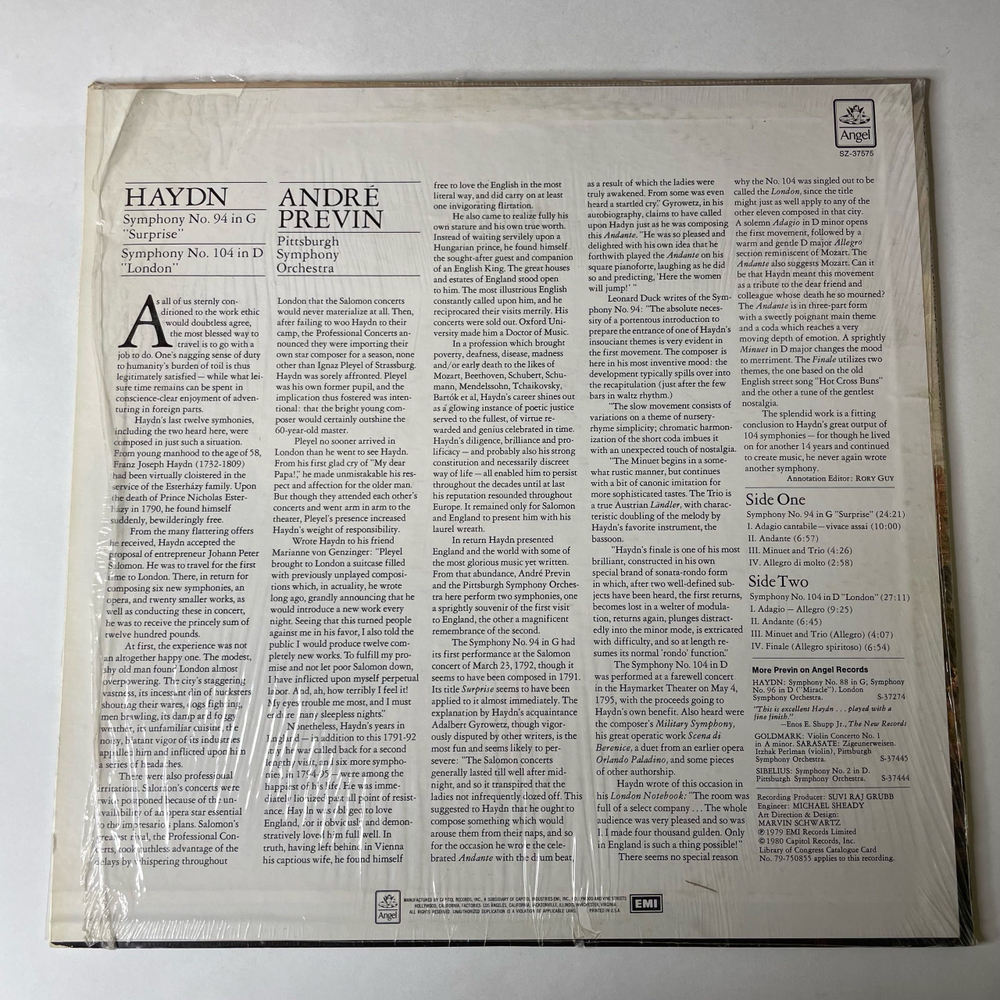 Винтажная виниловая пластинка LP Haydn Гайдн, Andre Previn Symphony No. 94 In G Surprise, Symphony No. 104 In D London (США 1980)
