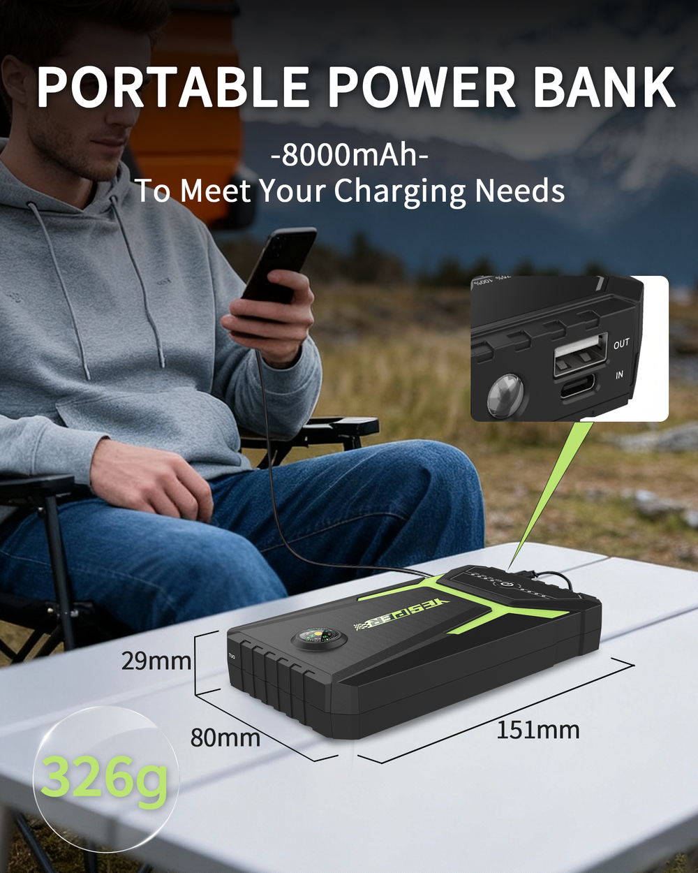 Устройство пусковое портативное бустер 8000 mAh 29.6 Wh 1500A Model: Armor mini 3