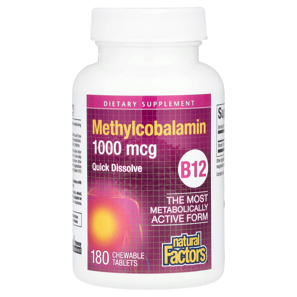 Natural Factors, B12, метилкобаламин, 1000 мкг, 180 жевательных таблеток
