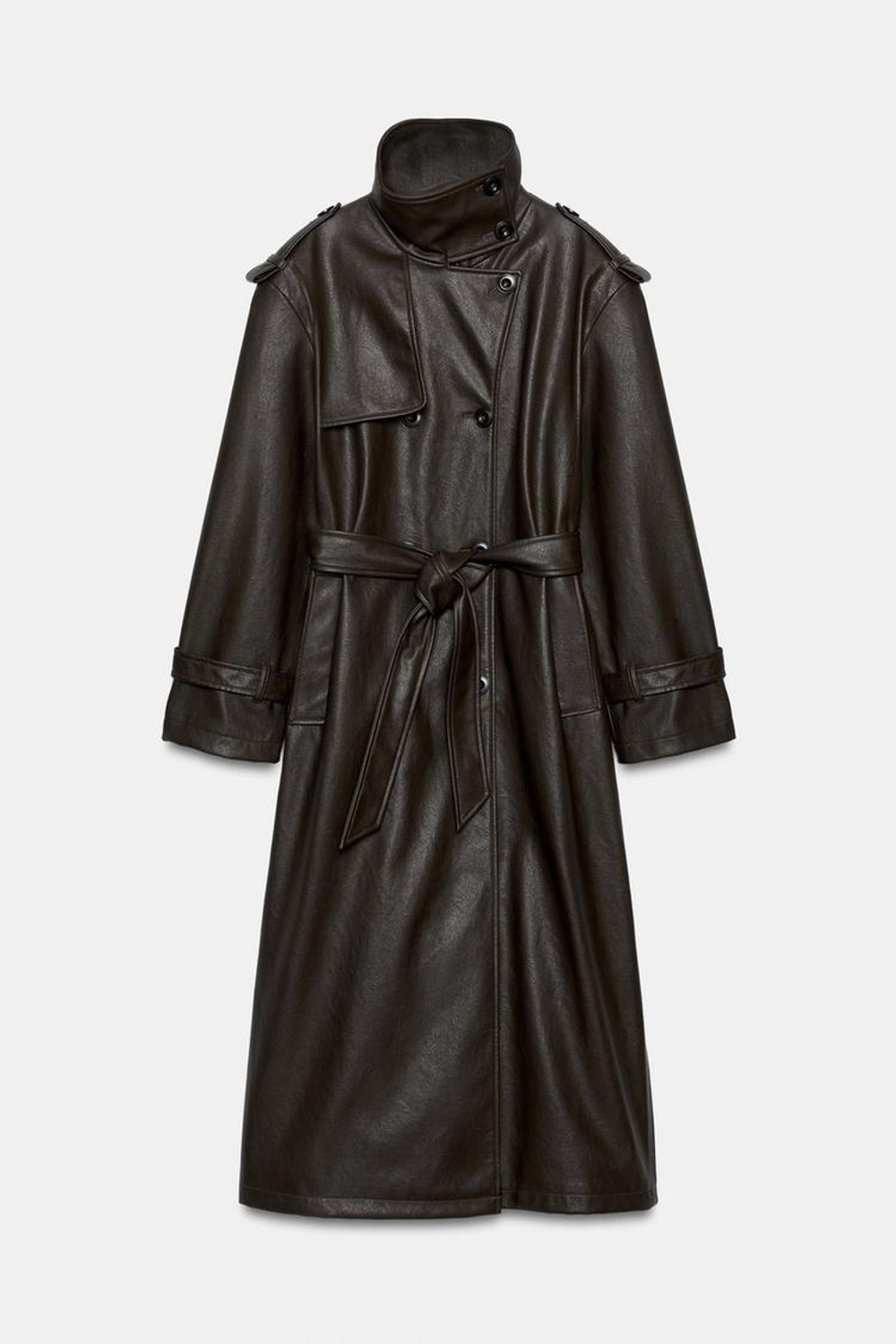 ZARA ДЛИННЫЙ ТРЕНЧ ИЗ ИСКУССТВЕННОЙ КОЖИ, ТЕМНО-КОРИЧНЕВЫЙ