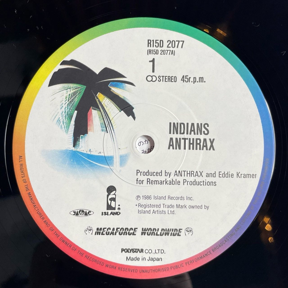 Винтажная виниловая пластинка LP Anthrax Indians (Japan 1987) (Obi) Maxi Single
