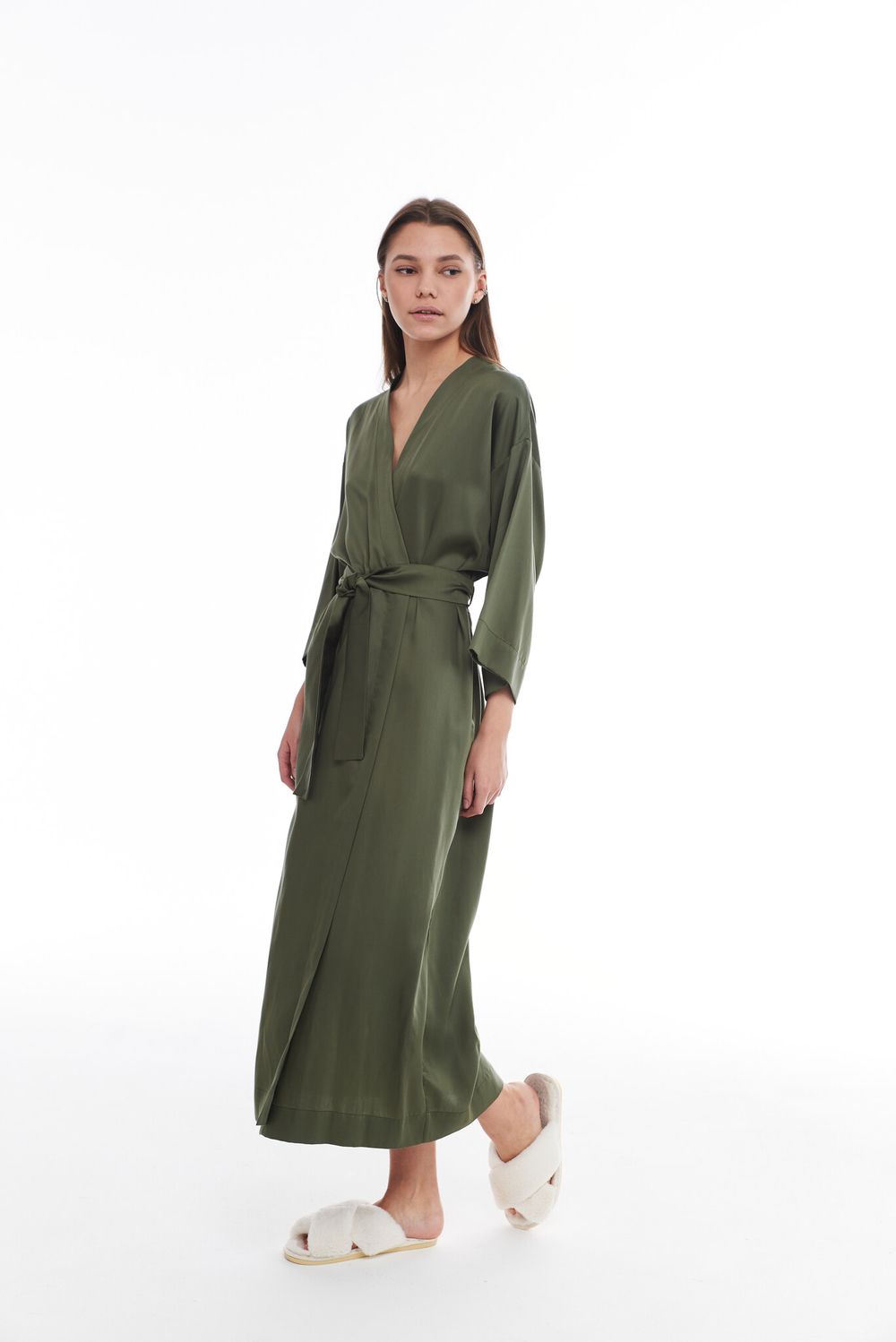 Халат из тенселя олива макси, размеры: S,M,L,XL