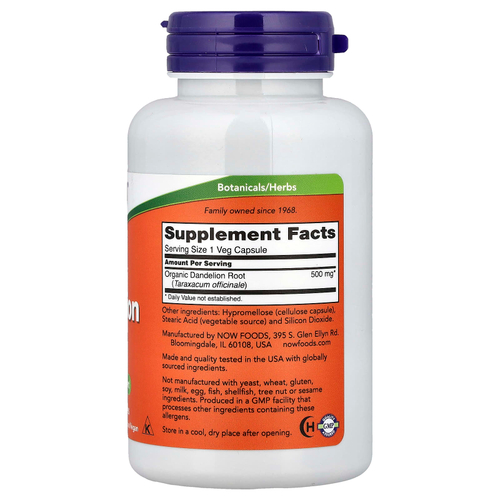 NOW Foods, корень одуванчика, 500 мг, 100 вегетарианских капсул