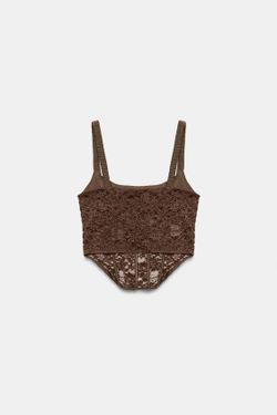 ZARA КОМБИНИРОВАННЫЙ КОРСЕТНЫЙ ТОП С КРУЖЕВОМ, СВЕТЛО-КОРИЧНЕВЫЙ