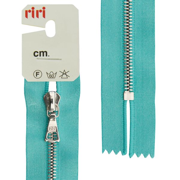 Молния металл RIRI Т4 (4 мм) 1 зам., н/раз., 16 см, Ni, атласная тесьма, цв.5859, бирюзовый, 1 шт
