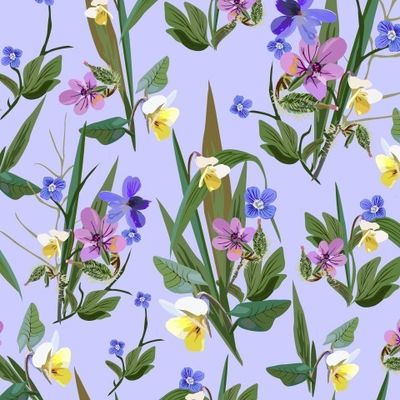 мелкие белые, розовые и синие полевые цветы на голубом фоне