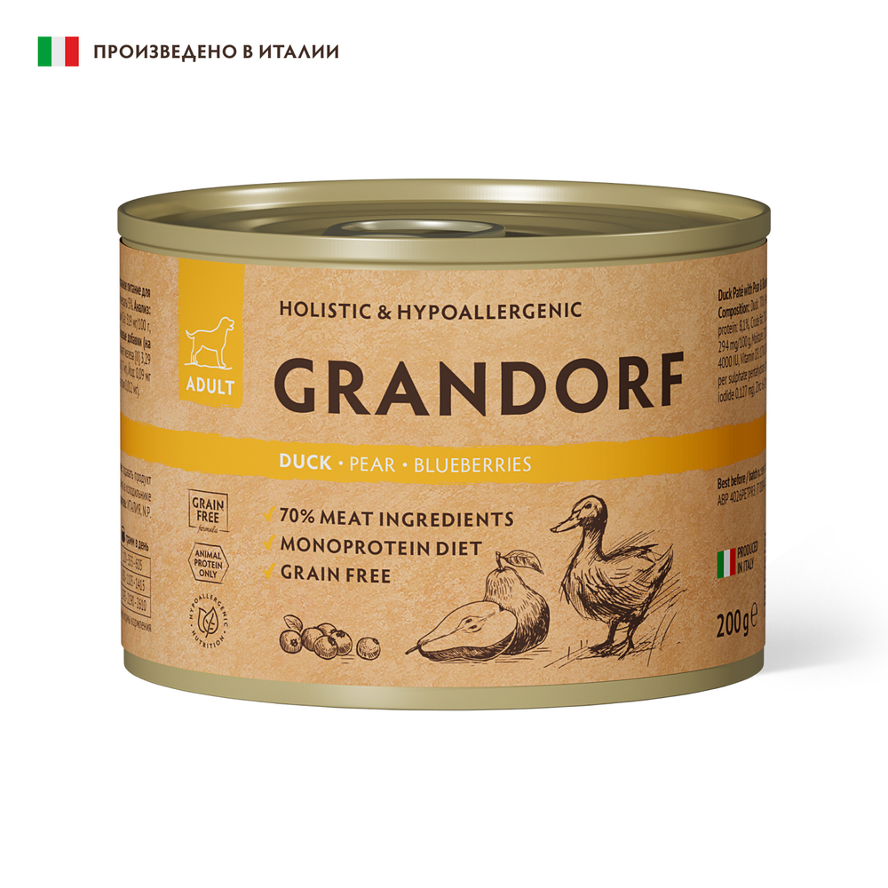Grandorf 200 г консервы для собак паштет из утки с грушей и черникой