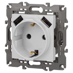 Розетка ЭРА Elegance 14-4109-01 2P+E 16A-250В со шторками с 2xUSB 5В-3А белый | Эра Elegance