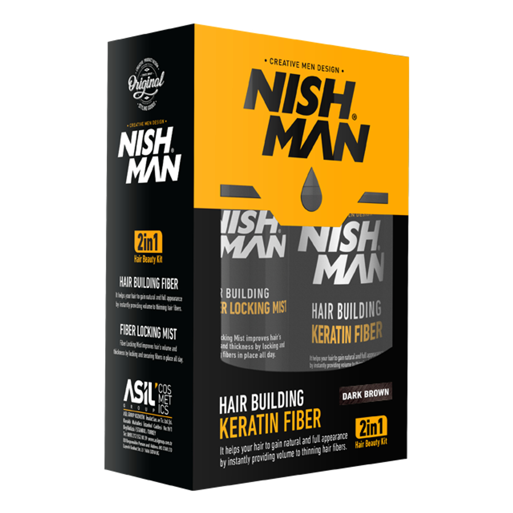NISHMAN HAIR BUILDING KERATIN FIBER & LOCKING MIST SPRAY SET, DARK BROWN - Загуститель для темно-коричневых волос 2в1