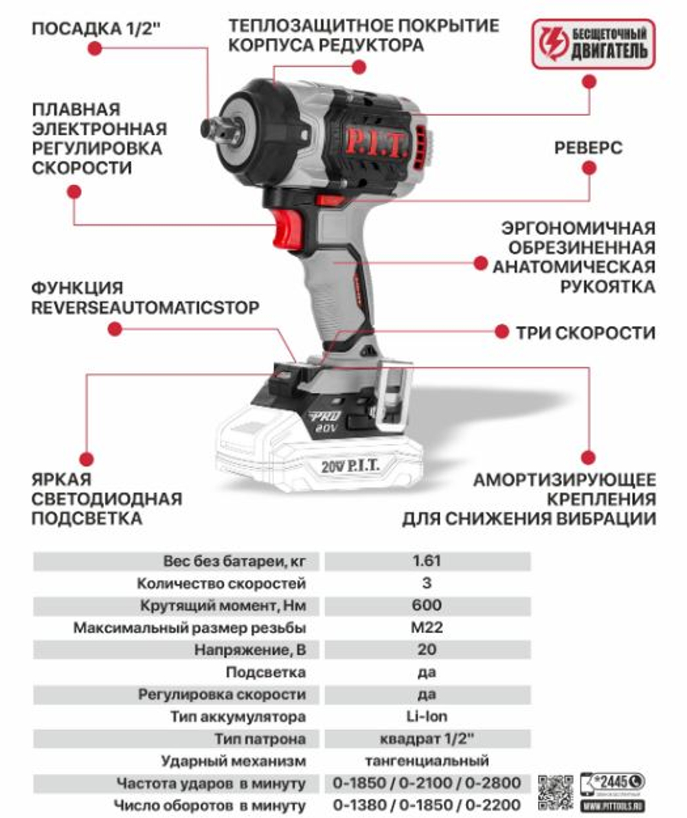 ЕАС Гайковерт АККУМ. PIW20H-600A SOLO  (бесщет., 20В, 3 600Нм, 1/2'', 3ск, 0-2800уд/мин)