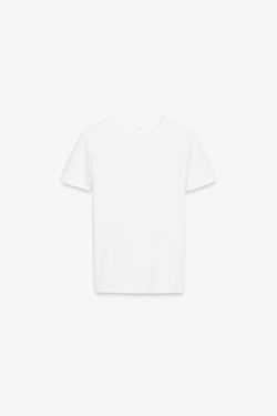 ZARA МИНИМАЛИСТИЧНАЯ ФУТБОЛКА С КОРОТКИМИ РУКАВАМИ, ЖЕЛТОВАТО-БЕЛЫЙ