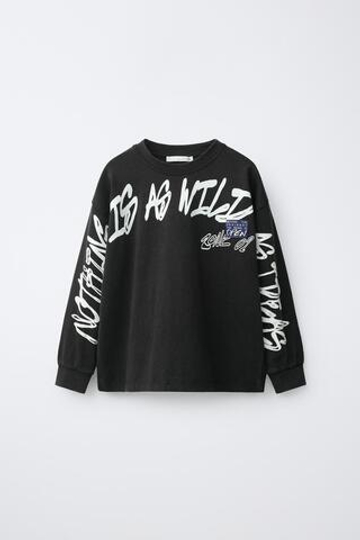 ZARA ФУТБОЛКА С ПРИНТОМ НАДПИСЬ ГРАФФИТИ, ЧЕРНЫЙ