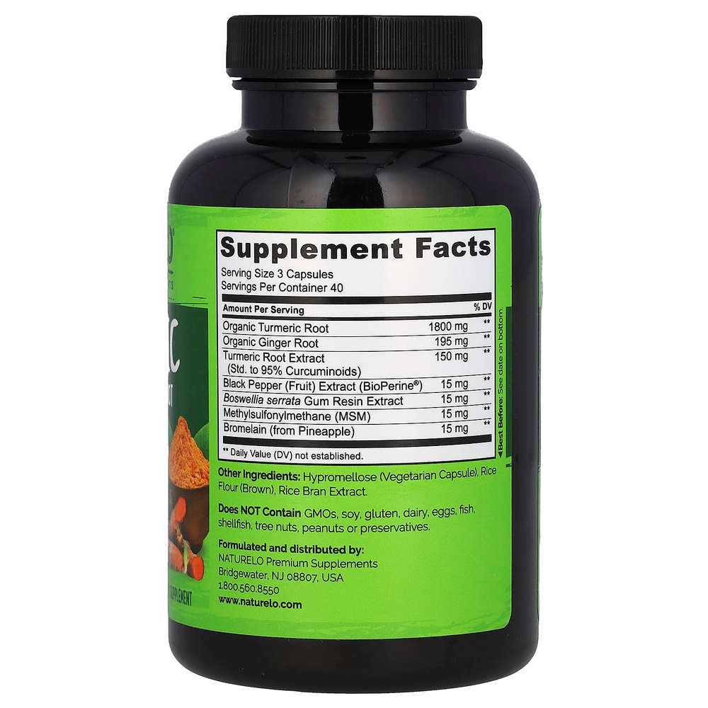 NATURELO, Куркумин, куркумин и корень имбиря с Bioperine®, 120 вегетарианских капсул