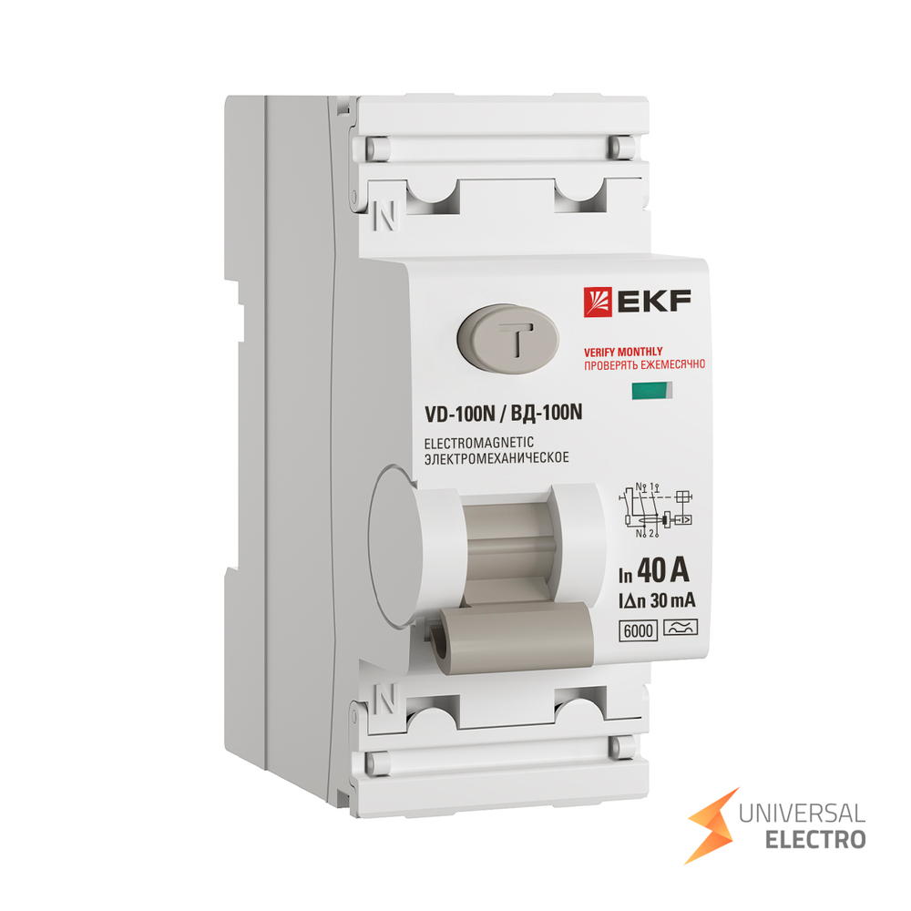 Выключатель дифференциального тока ВД-100N 2P 40А 30мА тип A эл-мех 6кА PROXIMA EKF