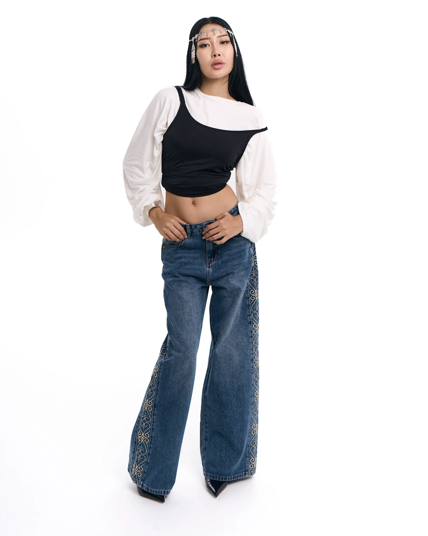 Medium Dark Blue Jeans with Side Embroidery and Stone Wash Effect