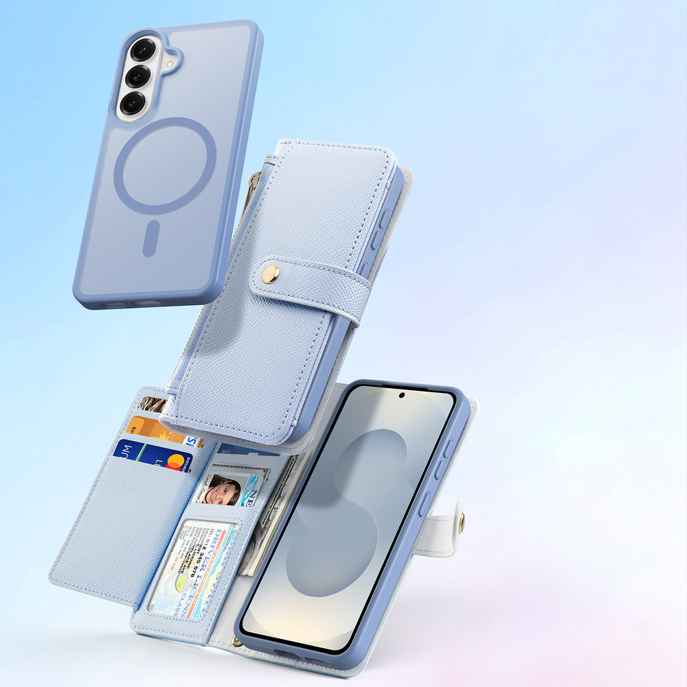 Чехол кошелек с MagSafe из кожи светло-синего цвета для Samsung Galaxy S26+ Плюс, серия Lawa Series от Dux Ducis