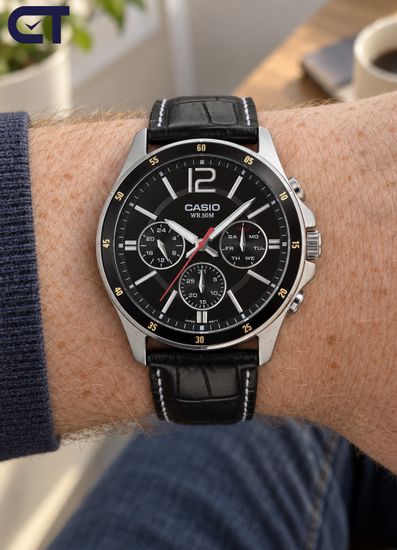 CASIO MTP-1374L-1A CASIO Collection / Enticer Men мужские наручные часы — чёрный циферблат, кожаный ремешок, день недели и 24-часовой индикатор
