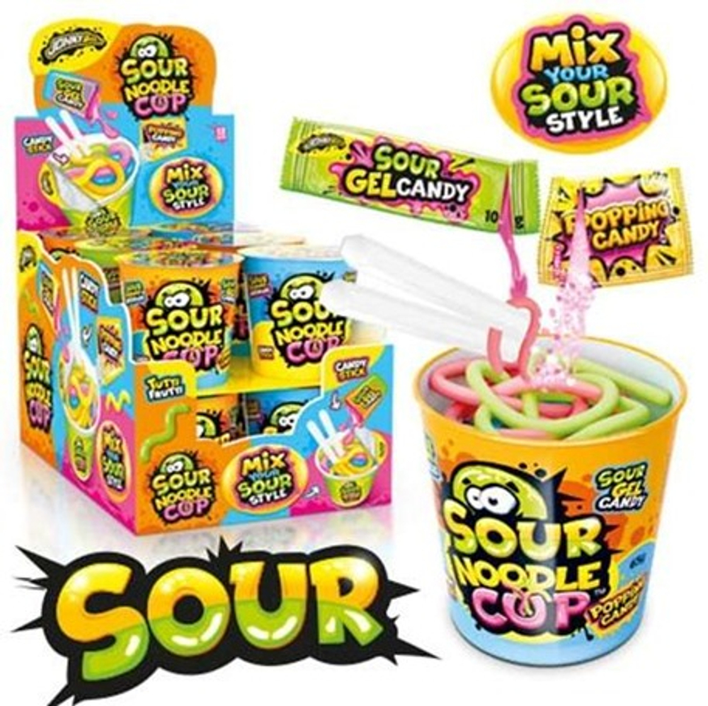 Мармелад+декстрозное драже+гель+шипучка SOUR Candy Noodle Cup 12шт*65гр  Johny Beee