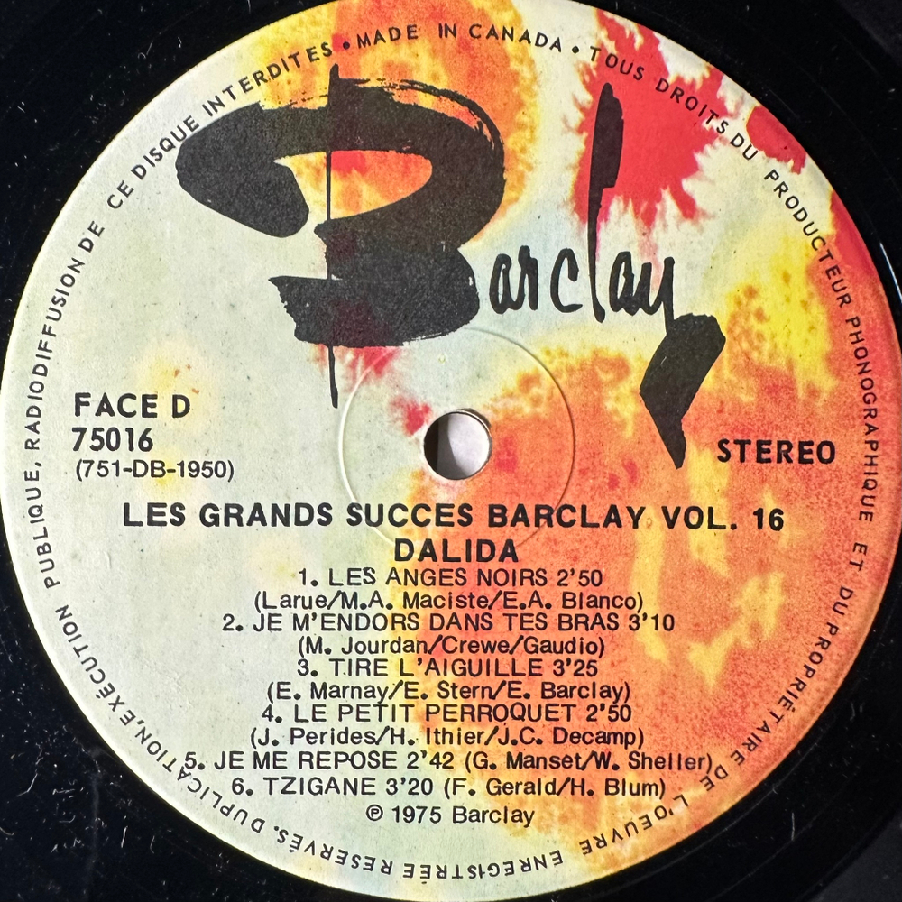 Dalida ‎– Les Grands Succès Barclay Vol. 16 (Канада 1975г.)