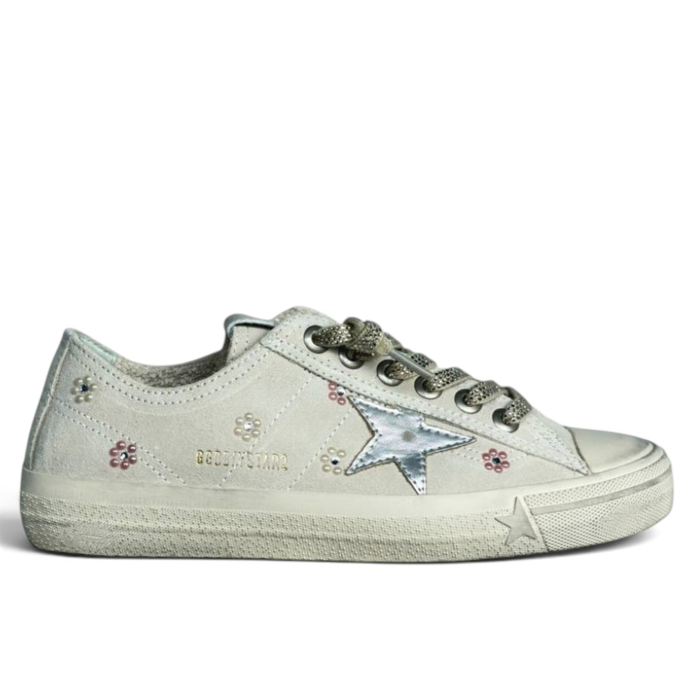 Women's Golden Goose V-Star in Beige Suede with Silver Star