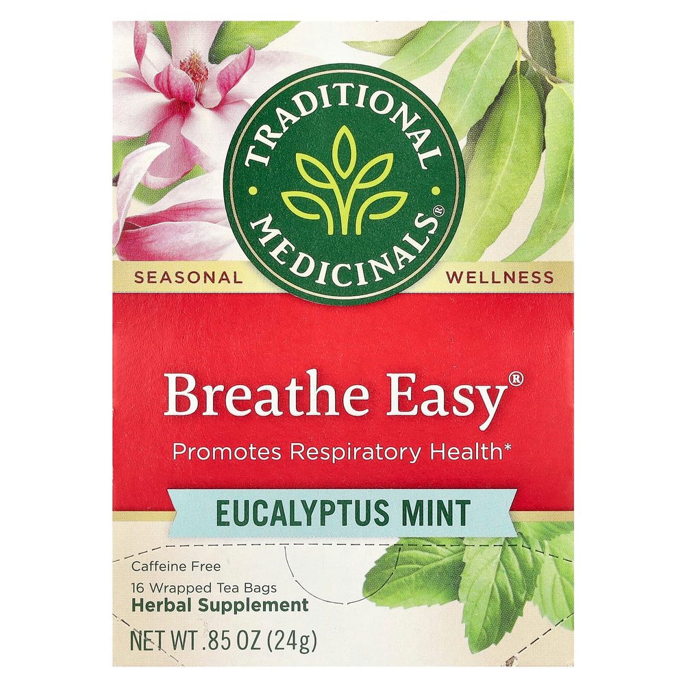 Traditional Medicinals, Breathe Easy, эвкалипт и мята, без кофеина, 16 чайных пакетиков в упаковке, 24 г (0,85 унции)