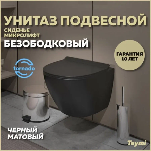 Унитаз подвесной Teymi Lina Pro Vortex безободковый, сиденье микролифт T40114