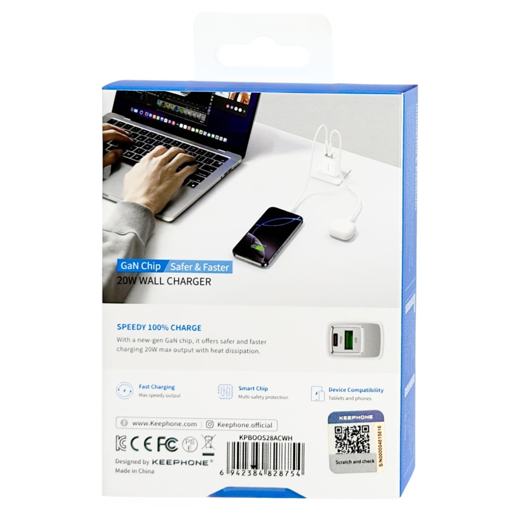 Сетевое зар. устр. Keephone Booster 1USB+1C Gan 20W белое