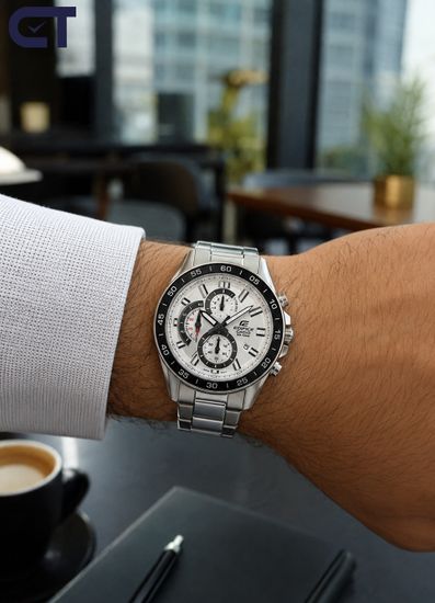 CASIO EFV-550D-7AVUDF EDIFICE мужские наручные часы — крупный стальной хронограф со светлым циферблатом