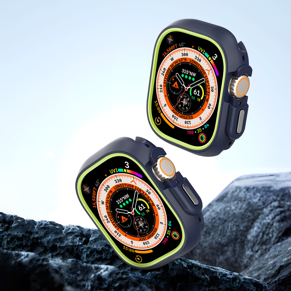 Чехол-бампер для часов Apple Watch Ultra 1 и 2 размер 49мм, темно-синий с зелеными вставками (Midnight/Green) от Dux Ducis, серия Bamo Series Case