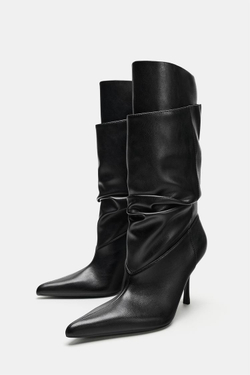 ZARA САПОГИ СО СБОРКОЙ НА КАБЛУКЕ, ЧЕРНЫЙ