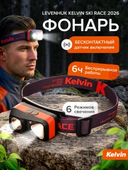 Фонарь налобный Levenhuk Kelvin Ski Race 2026 на человеке с визуализацией возможностей