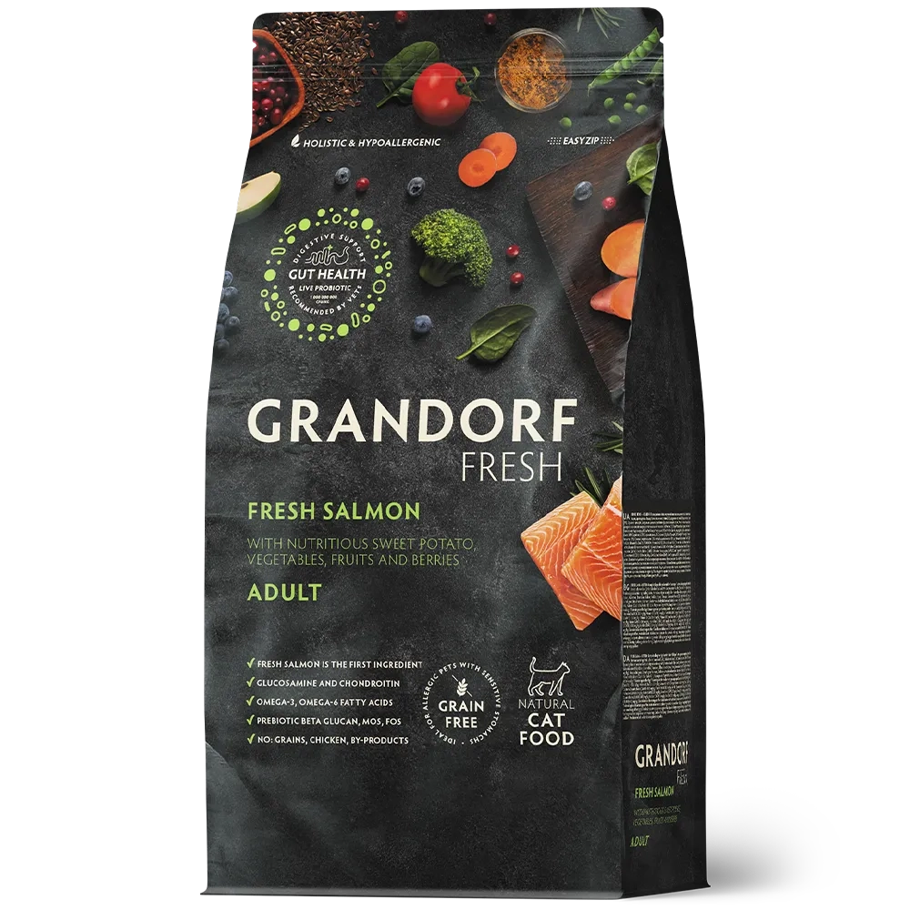 Сухой корм GRANDORF FRESH CAT Salmon беззерновой, лосось с бататом для взрослых кошек, для здоровья кожи и шерсти или склонных к аллергии 2кг